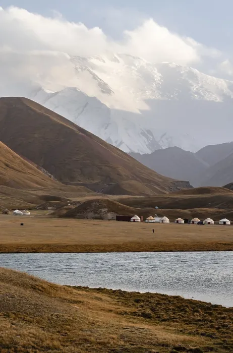 Framed Print : Yurts in front of Lenin Peak, Pamir Mountains Framed Print : Yurts in front of Lenin Peak, Pamir Mountains