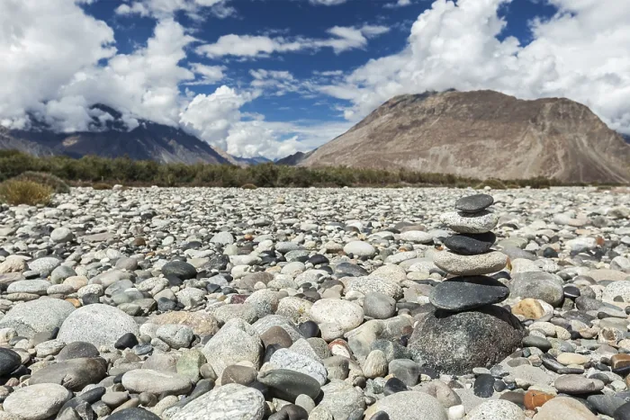 Framed Print : Zen balanced stones stack in Himalayas mountains