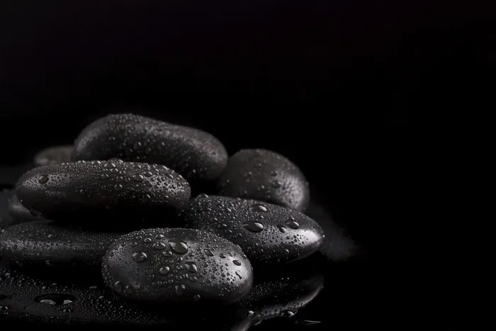 Framed Print : Zen basalt, black, wet stones on black background