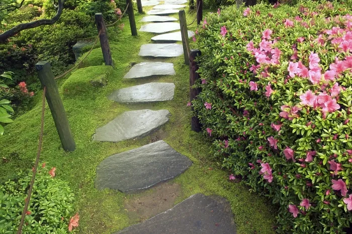 Framed Print : Zen stone pathway in Japanese garden by wet summer day Framed Print : Zen stone pathway in Japanese garden by wet summer day