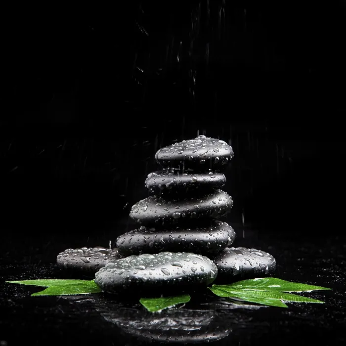 Framed Print : Zen stones and leaves with water drops