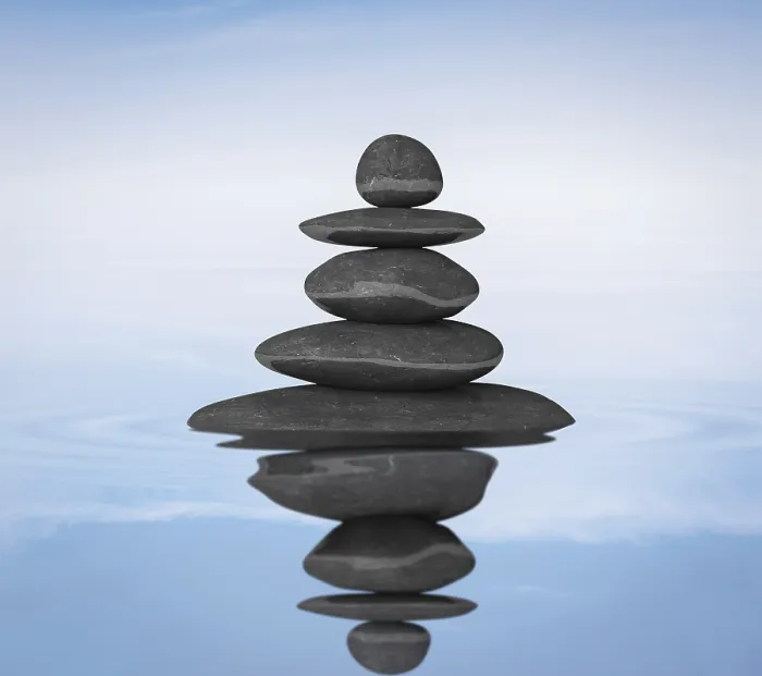 Framed Print : Zen stones in water with reflection balance concept