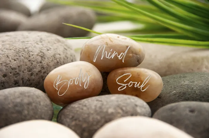 Framed Print : Zen stones with words Mind, Body and Soul with space for text