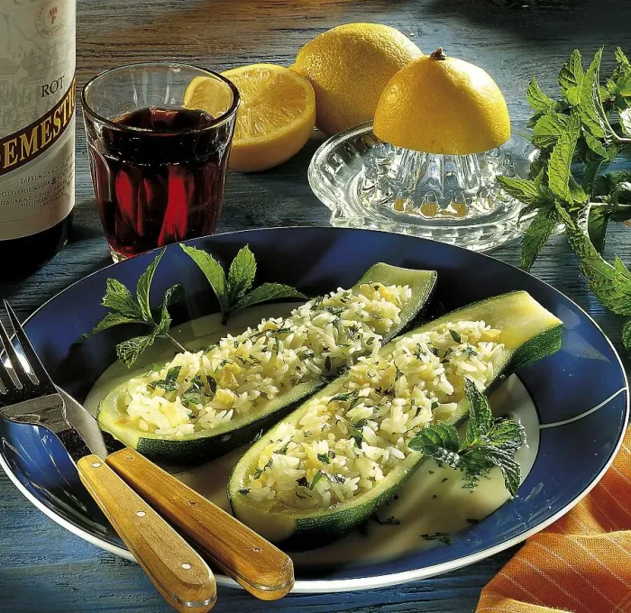 Framed Print : Zucchini stuffed with rice, with lemon sauce