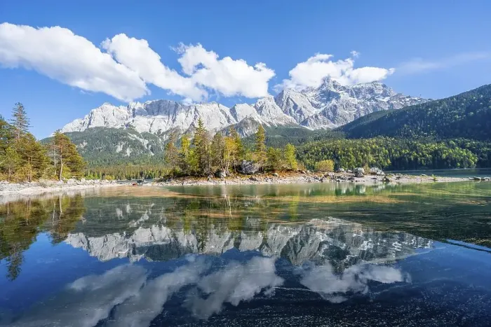 Framed Print : Zugspitze massif and Zugspitze reflected in Eibsee lake Framed Print : Zugspitze massif and Zugspitze reflected in Eibsee lake