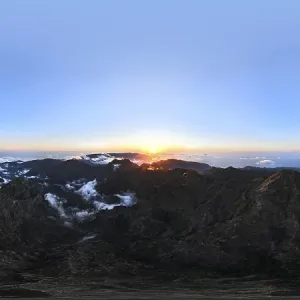 360 panorama of aerial drone view of mountains over clouds near Pico Ruivo on sunset