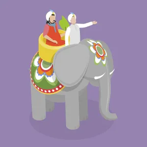 Conception vectorielle isométrique plate en 3D d'illustration conceptuelle d'un éléphant indien avec un maharadjah.