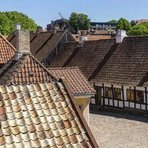 Aarhus, Denmark - 8 June, 2021: historic half-timbered houses in the old town center of Aarhus