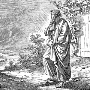 Abraham looks at the burning Sodom and Gomorrah in the distance Abraham looks at the burning Sodom and Gomorrah in the distance