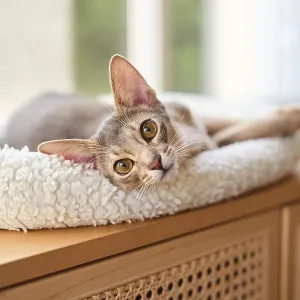 Abyssinian cat (Felis catus), lying in a cuddly bed