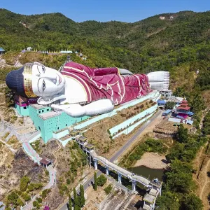 Aerial of a giant reclining buddha in Win Sein Taw Ya outside Mawlamyine