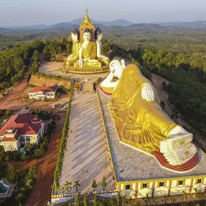 Aerial of the huge sitting and reclining buddhas Ko Yin Lay