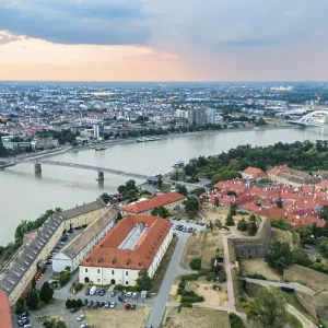 Aerial panoramic view of Petrovaradin fortress and Danube river in Novi Sad Serbia at sunset Aerial panoramic view of Petrovaradin fortress and Danube river in Novi Sad Serbia at sunset