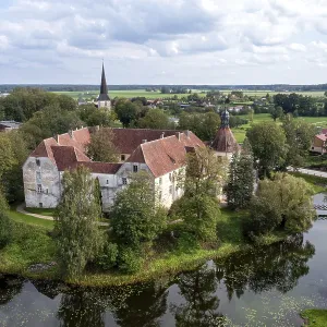 An aerial shot of medieval Jaunpils Castle An aerial shot of medieval Jaunpils Castle