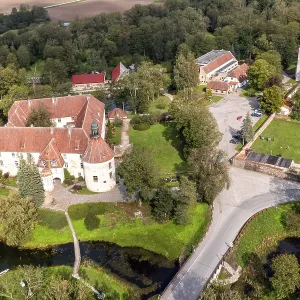 An aerial shot of medieval Jaunpils Castle An aerial shot of medieval Jaunpils Castle