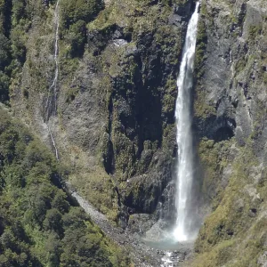 Aerial of an unknown alpine waterfall near Arthurs Pass National Park