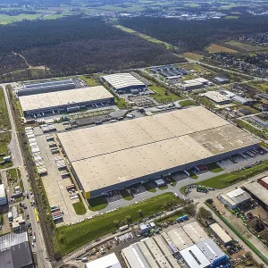 Aerial view, Bucholtwelmen-West industrial park and business park with LGI Logistics Solution GmbH logistics service