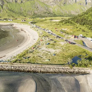 Aerial view of campsite at beach Ersfjordstranden Aerial view of campsite at beach Ersfjordstranden