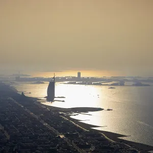 Aerial view of the city with the Al Arab seen from the helicopter