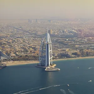 Aerial view of the city with the Al Arab seen from the helicopter