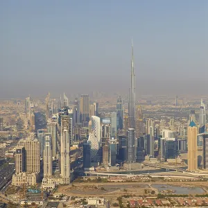 Aerial view of the city with the Burj Khalifa seen from the helicopter