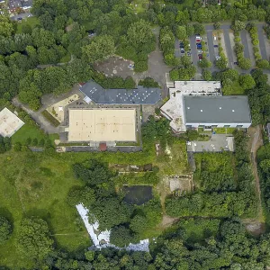 Aerial view, Duisburg-West, volleyball beach arena Toeppersee