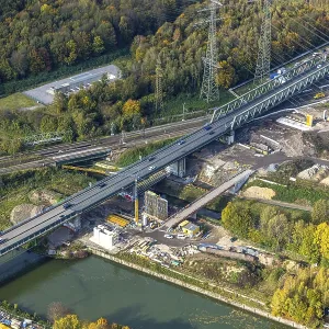 Aerial view, Emscher Valley Bridge of the A43 motorway and the railway bridge over the Emscher River