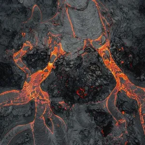 Aerial view, erupting volcano, crater with erupting lava and lava flow Aerial view, erupting volcano, crater with erupting lava and lava flow