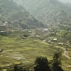 Aerial view fog over the terraced rice paddy and mountains in the village of Lao Cai in Sa pa Vietnam Aerial view fog over the terraced rice paddy and mountains in the village of Lao Cai in Sa pa Vietnam