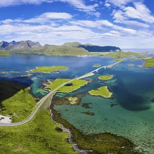 Aerial view, Fredvang Bridge, Torsfjorden near Fredvang