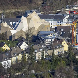 Aerial view, futuristic building cath
