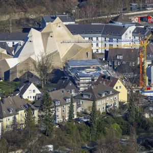 Aerial view, futuristic building cath