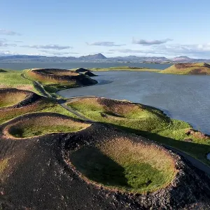 Aerial view of green volcanic crater Aerial view of green volcanic crater