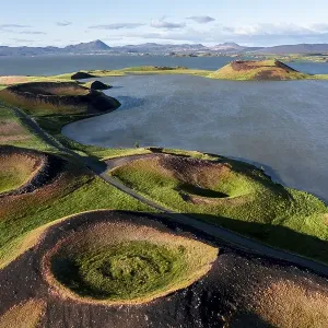 Aerial view of green volcanic crater Aerial view of green volcanic crater