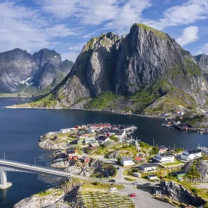 Aerial view, Hamnoy, Reinefjord with mountains Aerial view, Hamnoy, Reinefjord with mountains