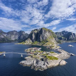 Aerial view, Hamnoy, Reinefjord with mountains