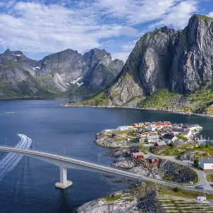 Aerial view, Hamnoy, Reinefjord with mountains
