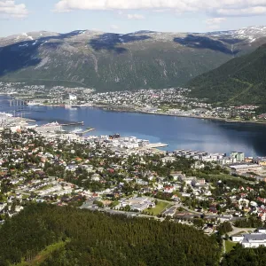 Aerial view, harbour and suburban housing Aerial view, harbour and suburban housing