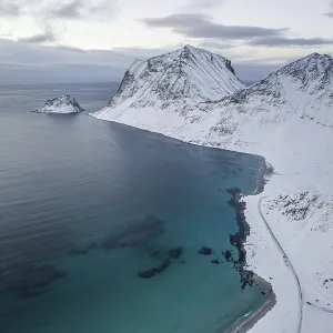 Aerial view, Haukland Beach in winter, Norway Aerial view, Haukland Beach in winter, Norway