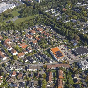 Aerial view, housing estate with Edeka and Norma supermarket