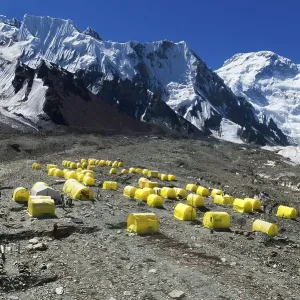 Aerial view of the Khan Tengri Base Camp installed on the Engilcheck glacier moraine