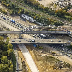 Aerial view, motorway bridge at construction site motorway junction Herne