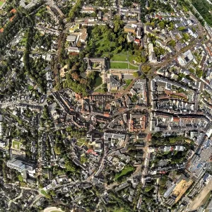 Aerial view, municipal park and castle Dinslaken with town hall