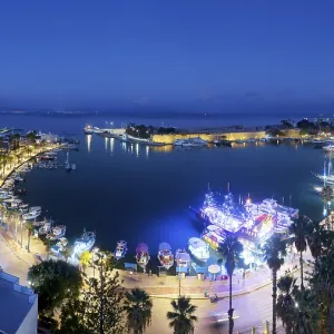 Aerial view, night view, Mandraki harbor
