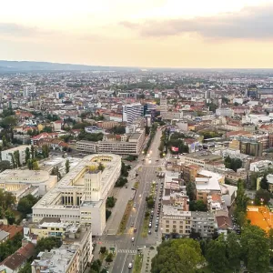 Aerial view of Novi Sad Serbia with urban cityscape streets and buildings at sunset Aerial view of Novi Sad Serbia with urban cityscape streets and buildings at sunset