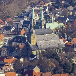 Aerial view, old town with catholic church St
