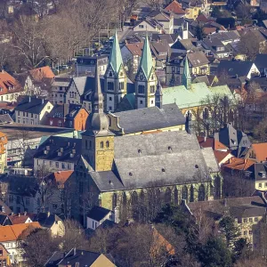 Aerial view, old town with catholic church St