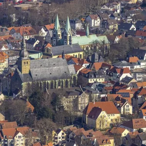 Aerial view, old town with catholic church St