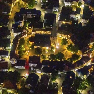 Aerial view, old town and church square with St George's church Aerial view, old town and church square with St George's church