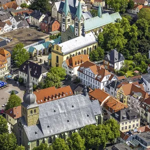 Aerial view, Old Town with St. Walburga Catholic Church and Basilica of the Visitation of the Virgin Mary